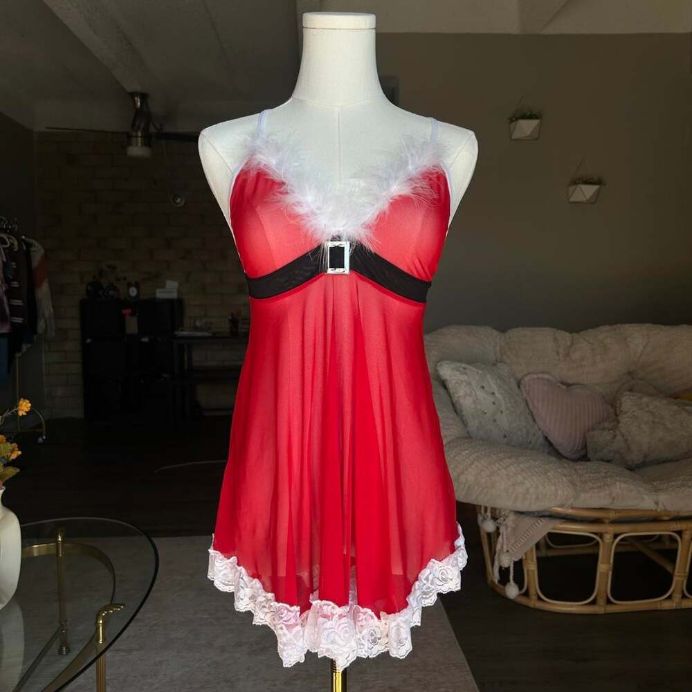 Red holiday themed santa babydoll chemise